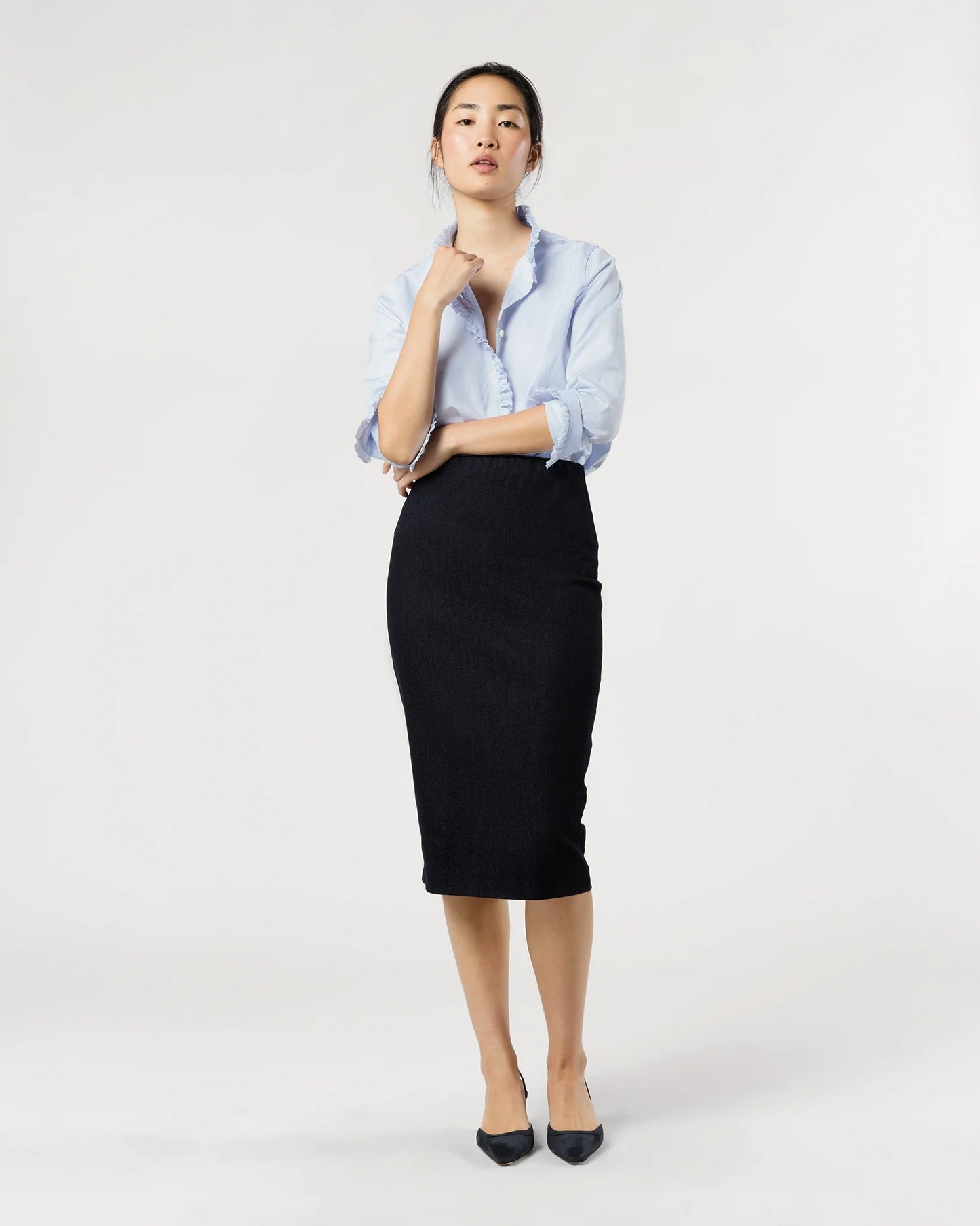 Frill Shirt in Sky Pencil Stripe Poplin