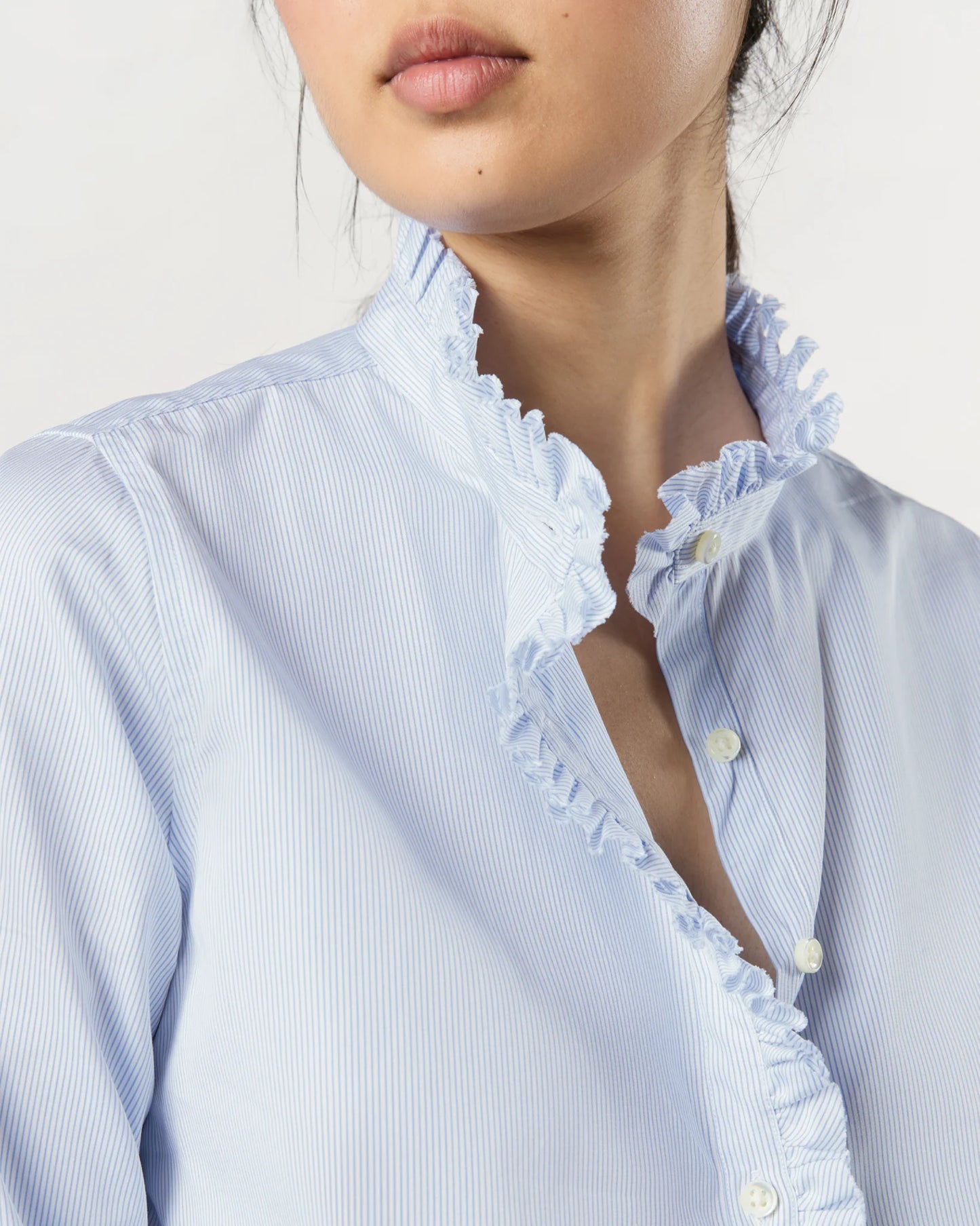 Frill Shirt in Sky Pencil Stripe Poplin