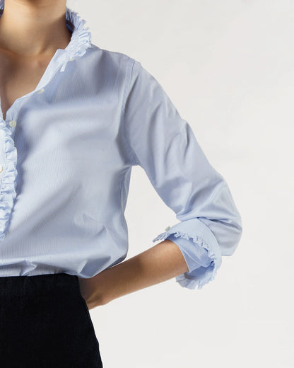 Frill Shirt in Sky Pencil Stripe Poplin