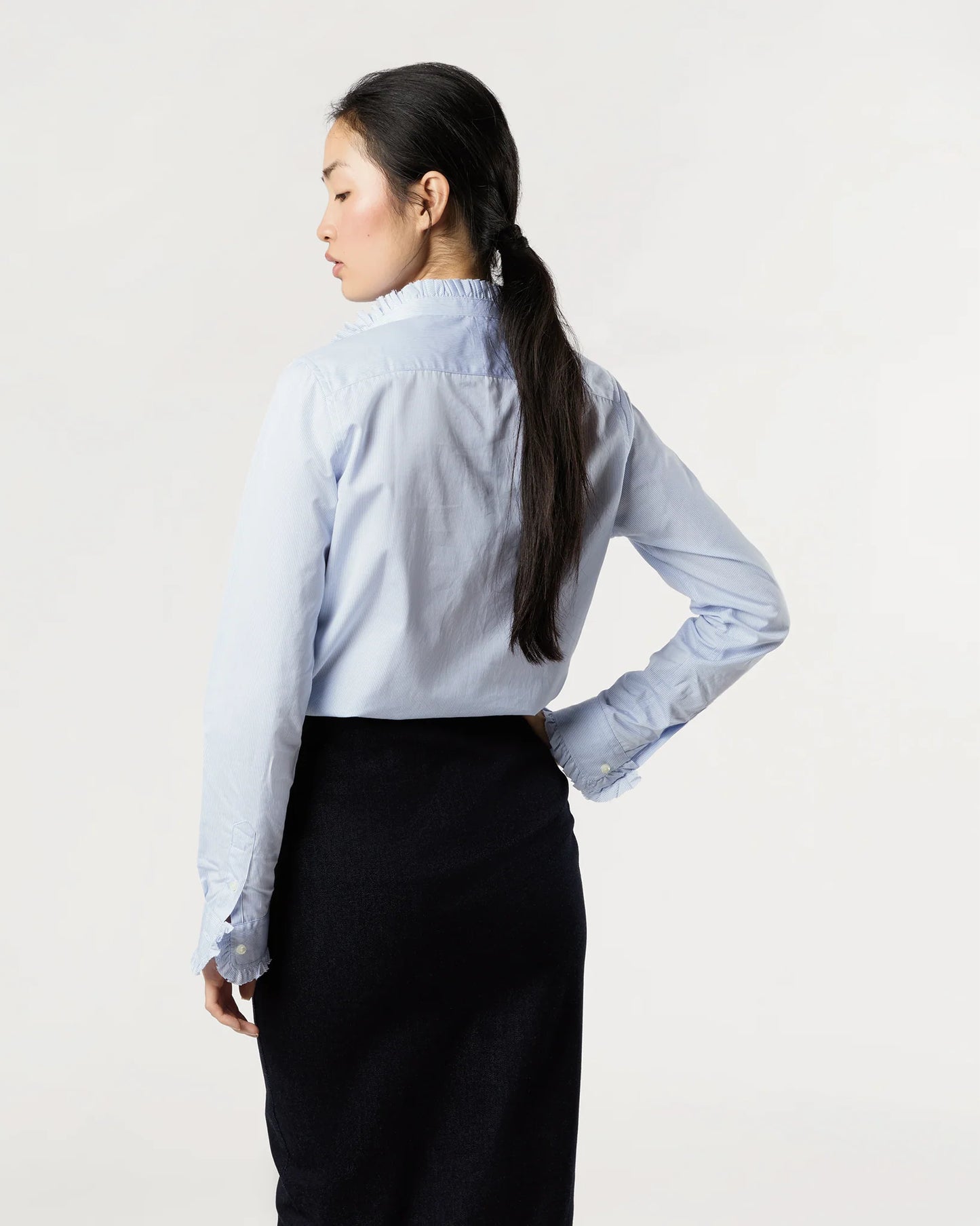 Frill Shirt in Sky Pencil Stripe Poplin