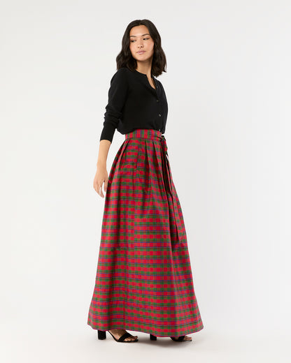 Pleated Wrap Skirt in Red Holiday Tartan Silk Shantung