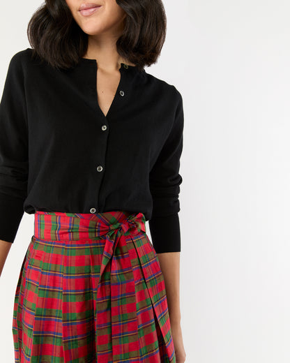 Pleated Wrap Skirt in Red Holiday Tartan Silk Shantung