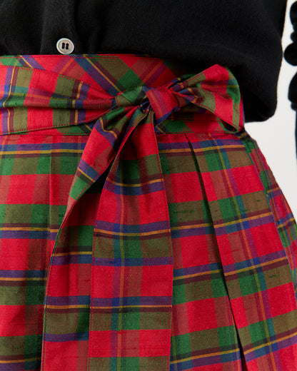 Pleated Wrap Skirt in Red Holiday Tartan Silk Shantung