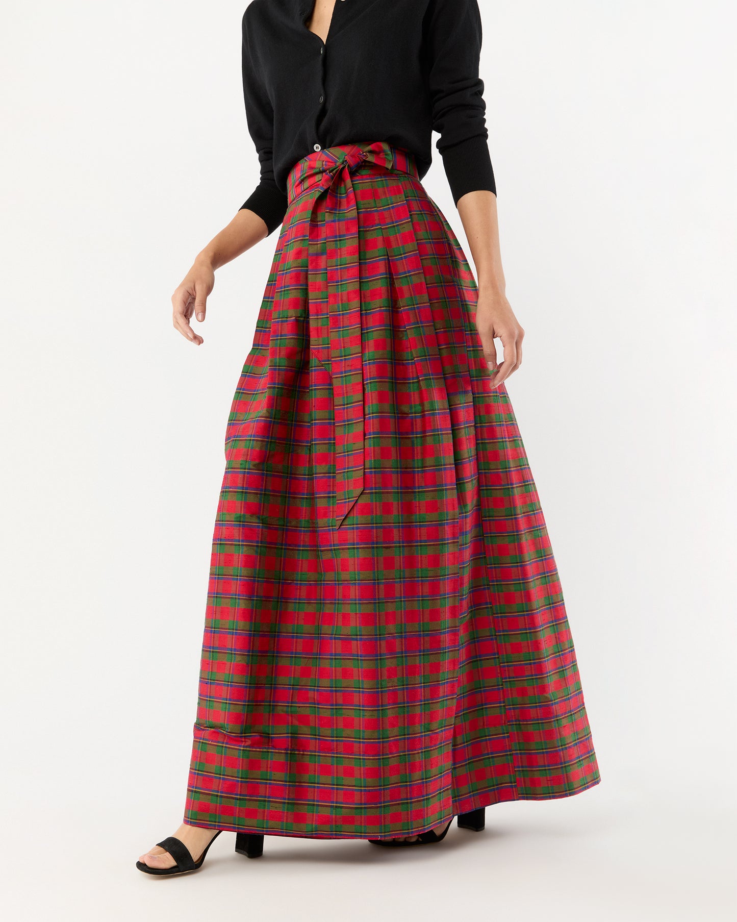 Pleated Wrap Skirt in Red Holiday Tartan Silk Shantung