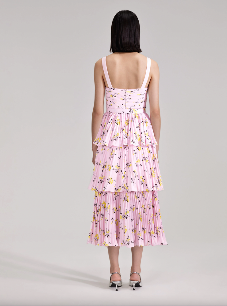 Pink Floral Print Tiered Midi Dress