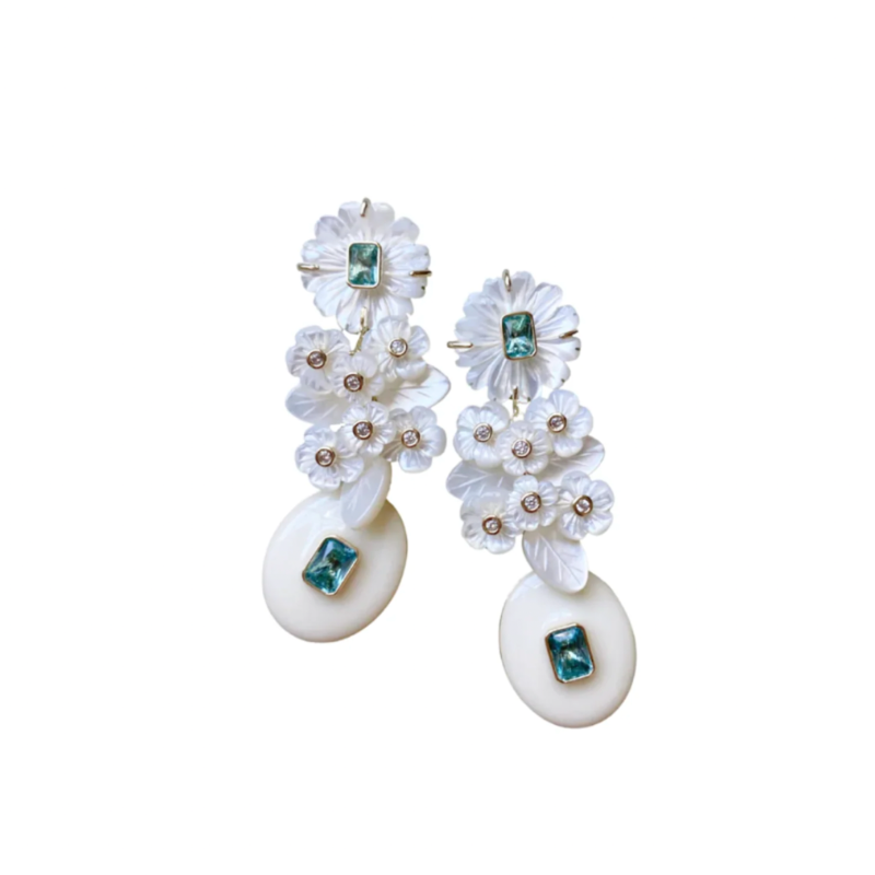 Mother of Pearl + Aquamarine + Enamel Drop Earrings
