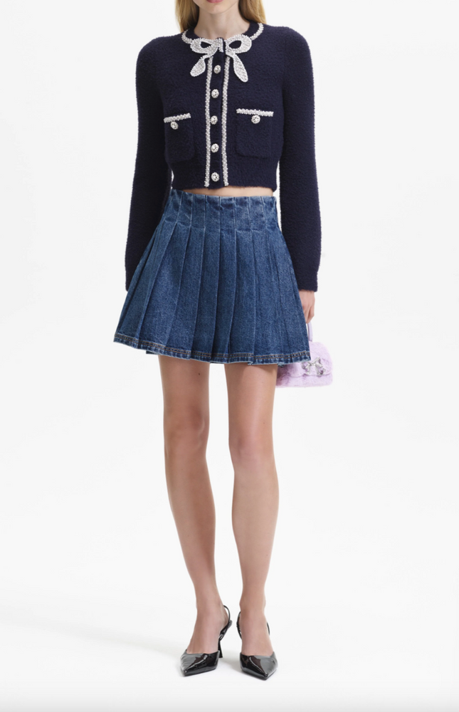 
            
                Load image into Gallery viewer, Navy Soft Knit Bow Cardigan
            
        