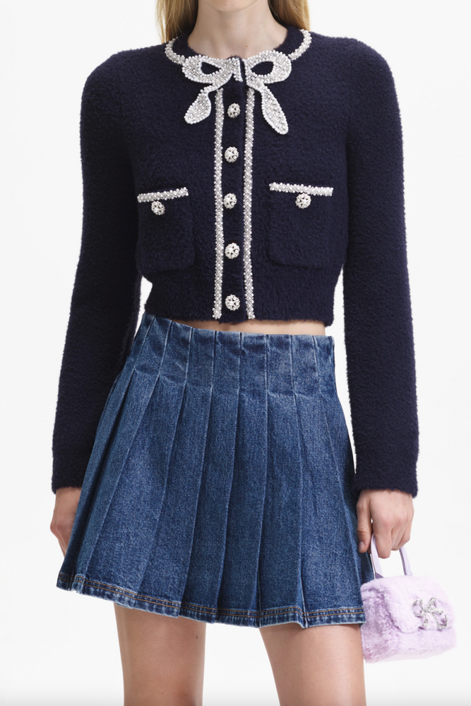 
            
                Load image into Gallery viewer, Navy Soft Knit Bow Cardigan
            
        