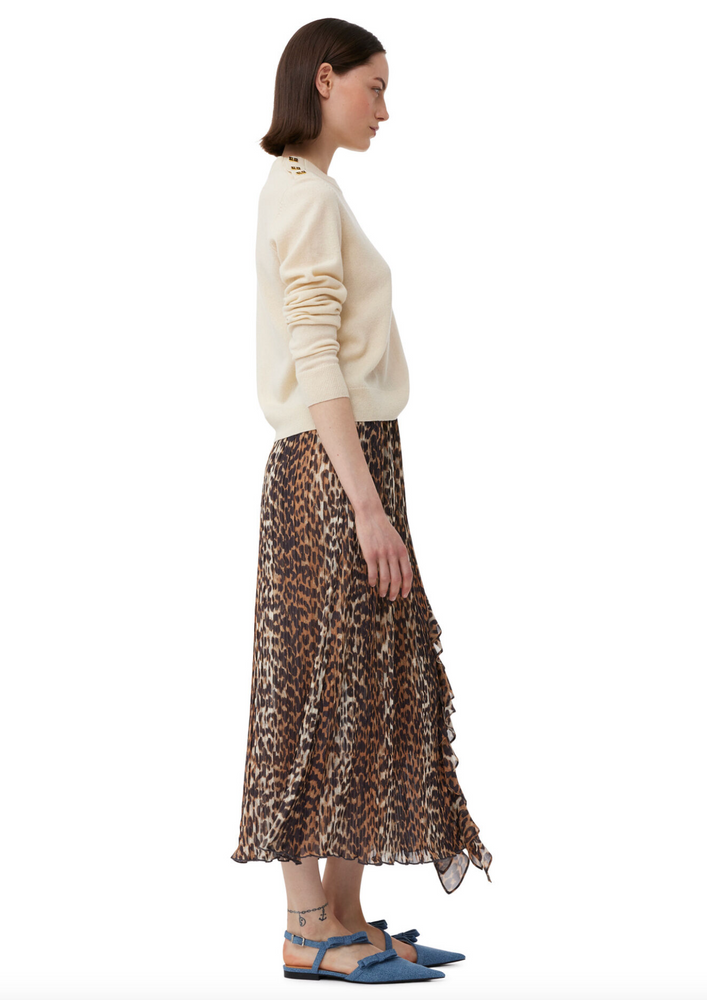 Leopard Pleated Georgette Midi Flounce Skirt in Almond Milk