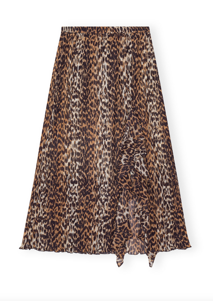 Leopard Pleated Georgette Midi Flounce Skirt in Almond Milk