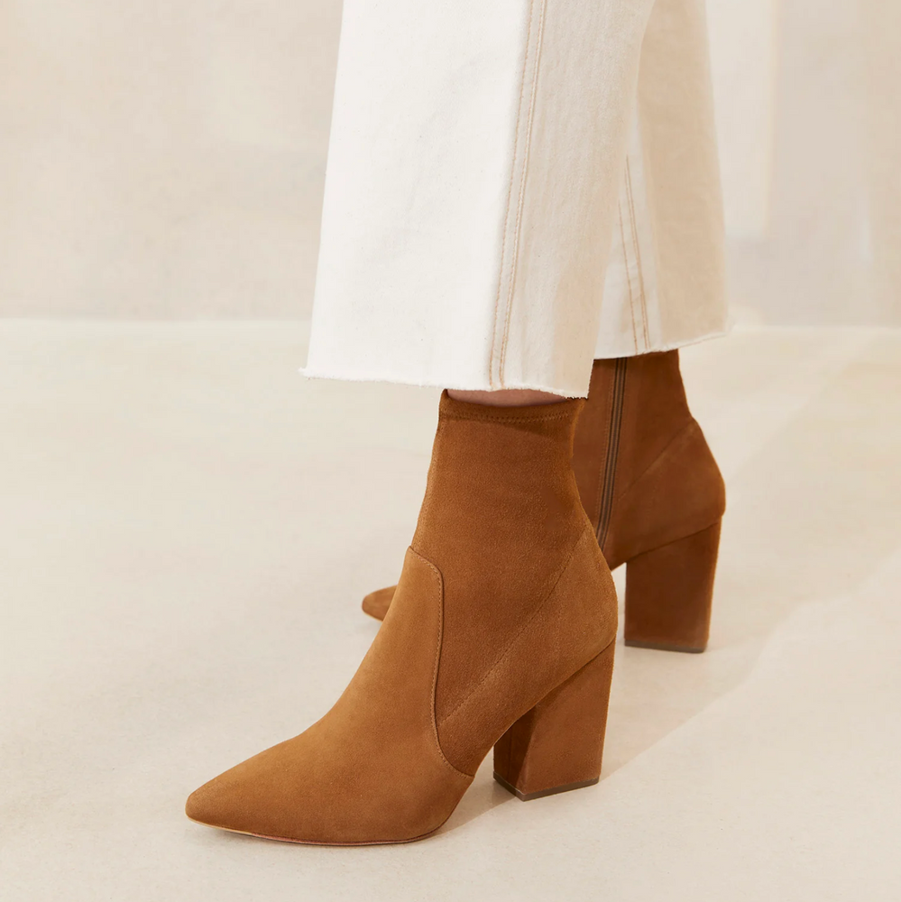 
            
                Load image into Gallery viewer, Isla Cacao Suede Slim Ankle Bootie
            
        