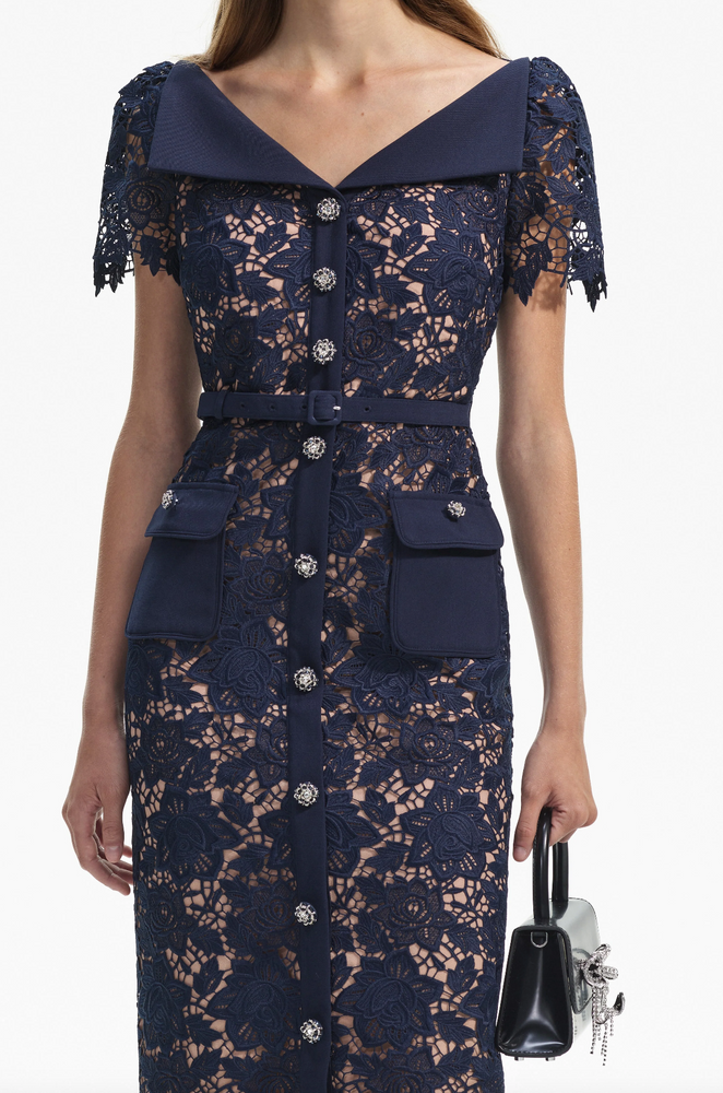 
            
                Load image into Gallery viewer, Navy Lace Open Neck Midi Dress
            
        