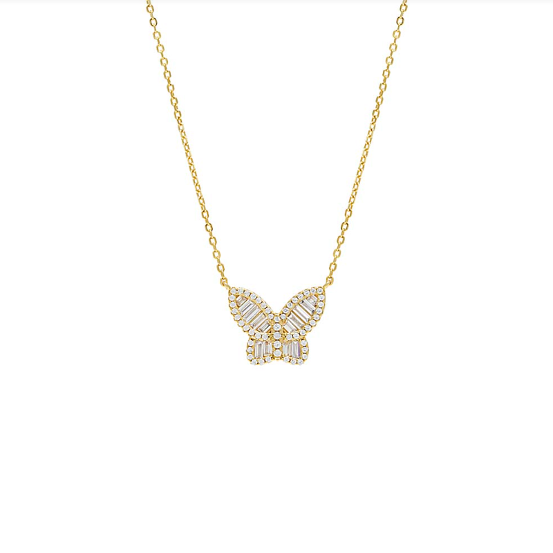 Large Pave X Baguette Butterfly Necklace