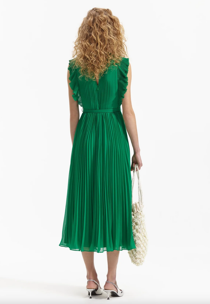 Green Chiffon Ruffle Sleeveless Midi Dress