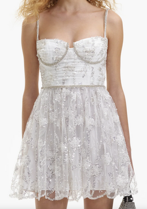 White Sequin Lace Mini Dress