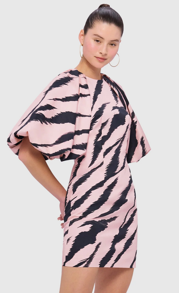 Gabriella Puff Sleeve Mini Dress in Tiger Print in Pink