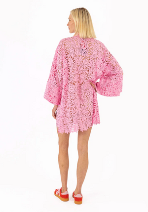 Pink Leafy Lace Mini Caftan