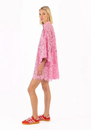 Pink Leafy Lace Mini Caftan