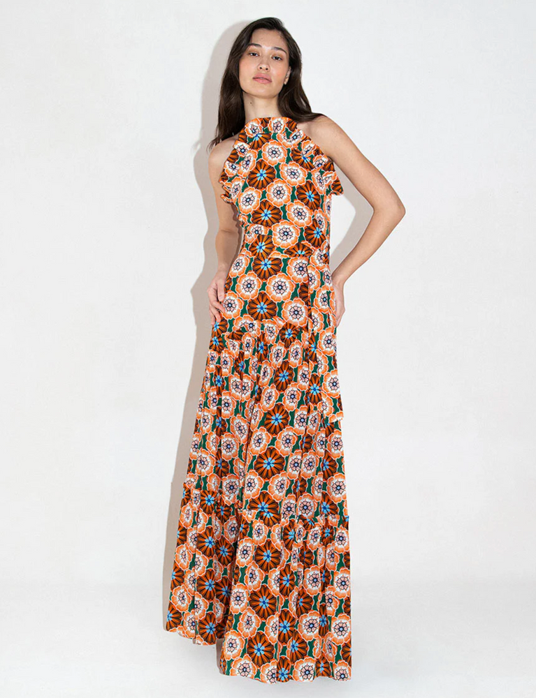 Tatina Crepe Maxi Dress in Flower Pop Orange