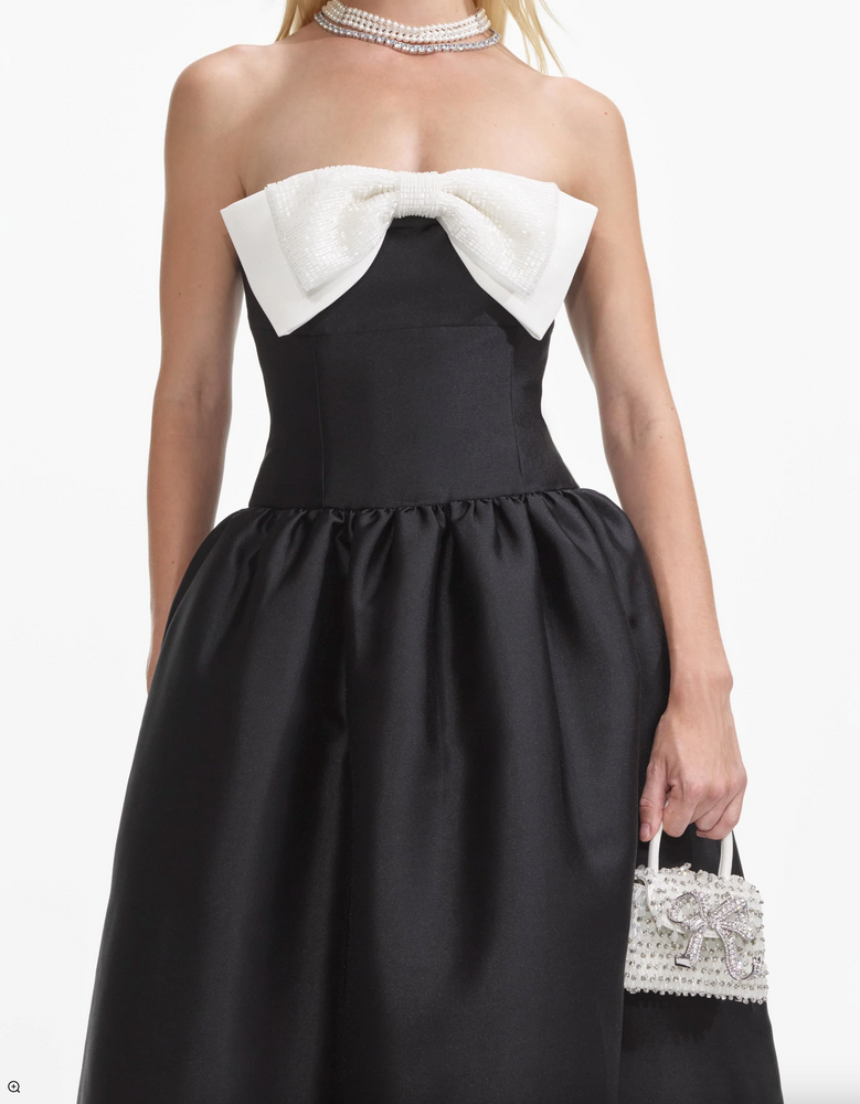 Black Taffeta Contrast Bow Midi Dress