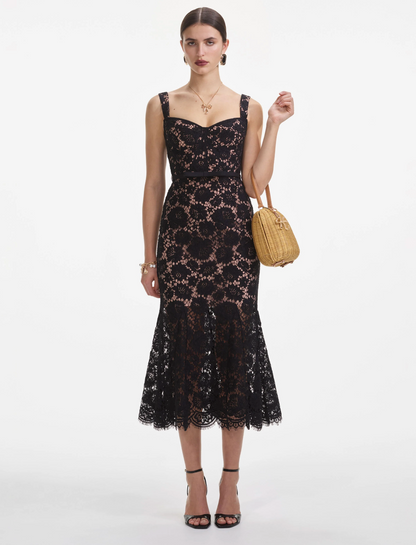 Black Fine Lace Midi Dress