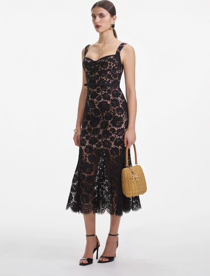 Black Fine Lace Midi Dress