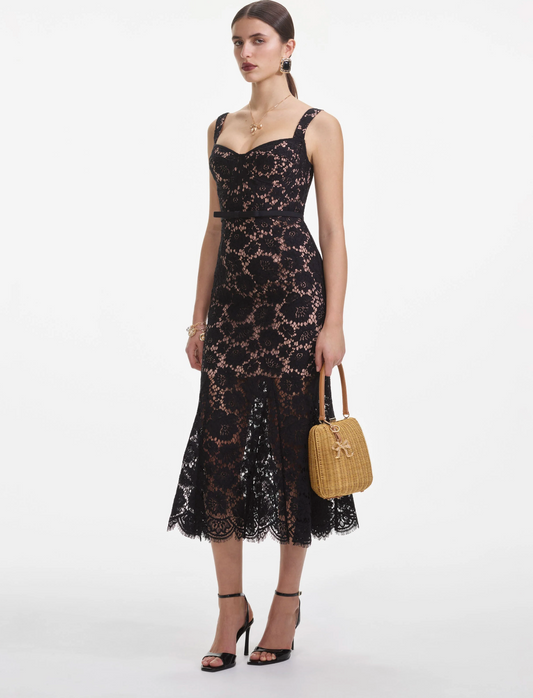 Black Fine Lace Midi Dress