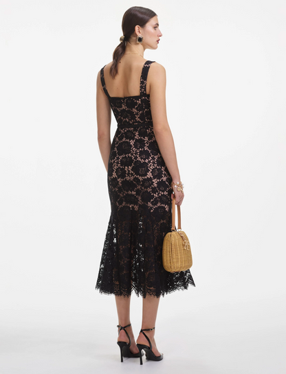 Black Fine Lace Midi Dress