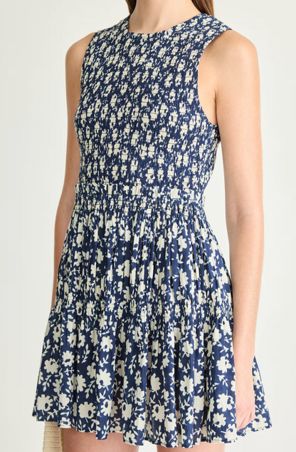 Lore Smocked Mini Dress in Navy Floral Stamp