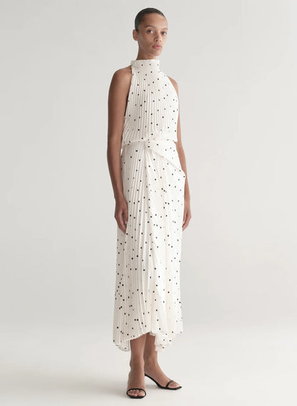 Simona Pleated Midi Dress in Cream/Black