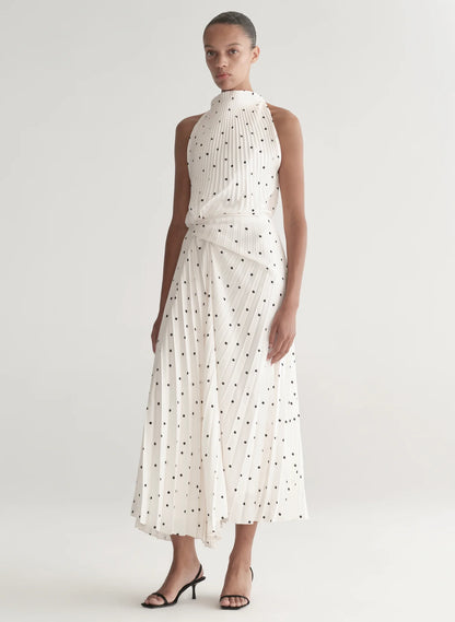Simona Pleated Midi Dress in Cream/Black