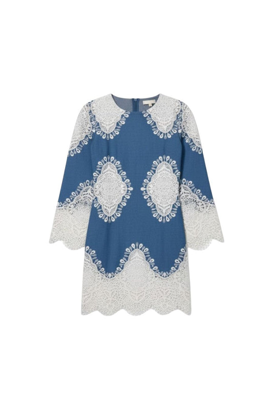 Stevie Lace Dress in Denim/Ivory