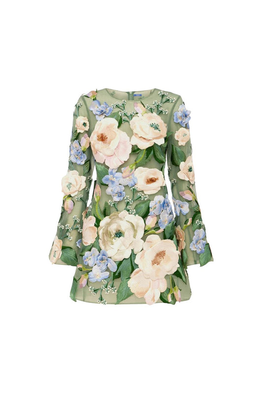 Suzanne Floral Embellished Bell Sleeve Mini in Blossom