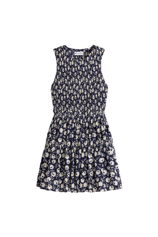 Lore Smocked Mini Dress in Navy Floral Stamp