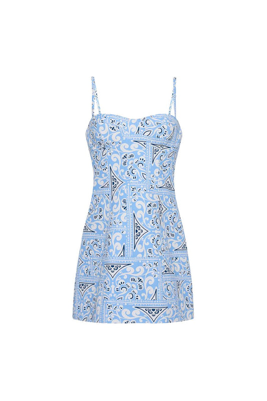 Claudine Mini Dress in Heart Tile Cornflower