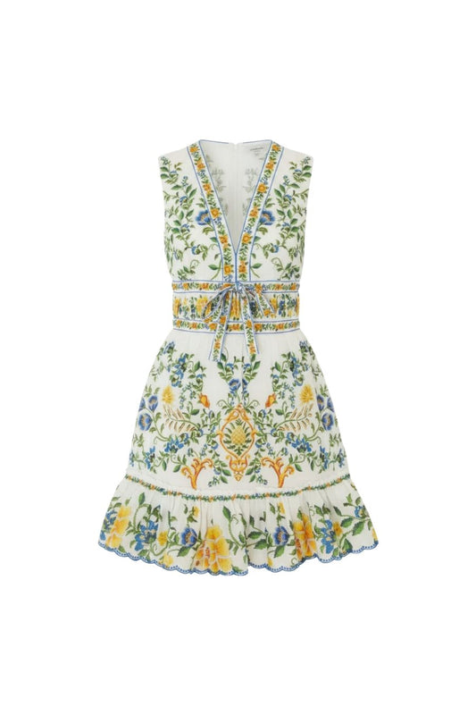 Emily Floral Tapestry Mini Dress in Off-White