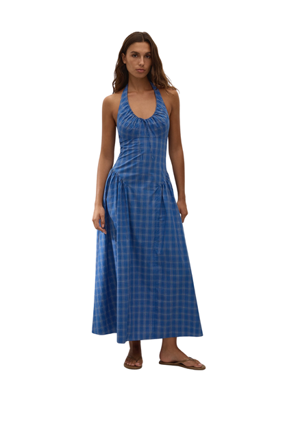 Del Ros Midi Dress Flor Check Cobalt