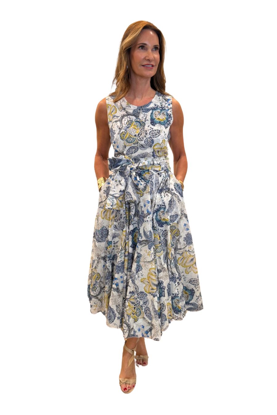 Aster Sleeveless Crew Dress in White/Indigo