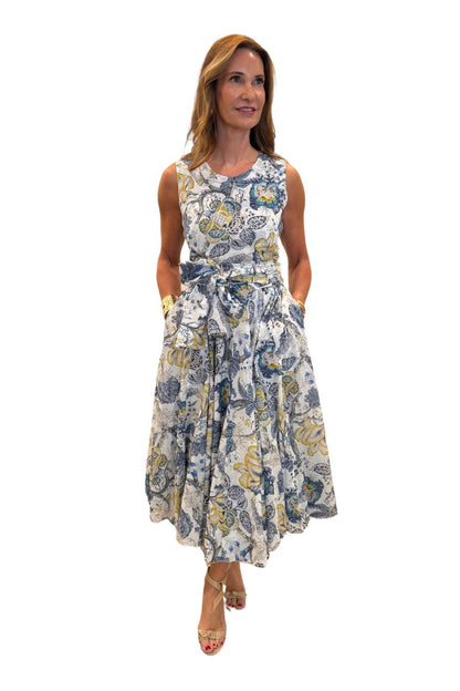 Aster Sleeveless Crew Dress in White/Indigo