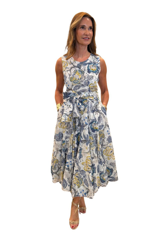 Aster Sleeveless Crew Dress in White/Indigo