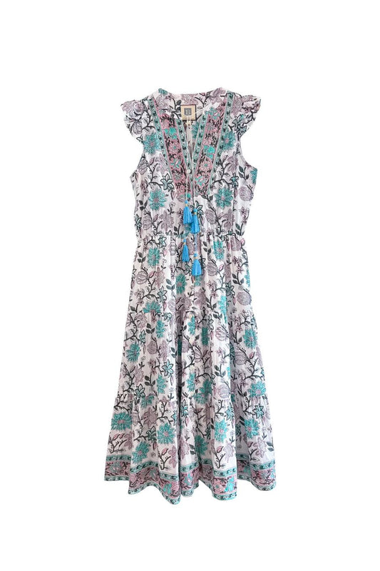 Lolita Midi Dress in Turquoise/Purple Floral