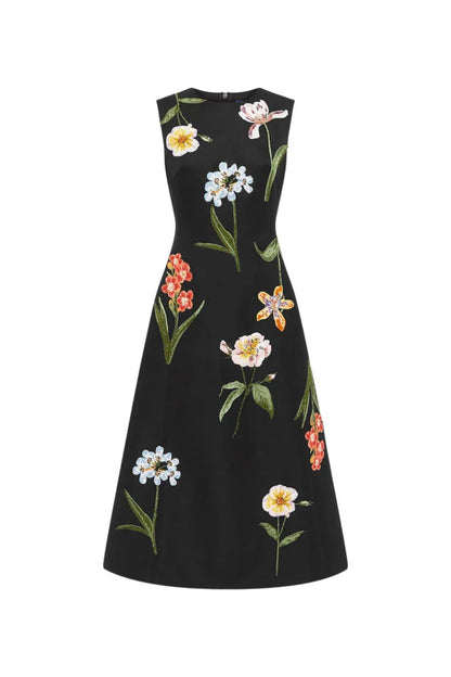 Cleo Embroidered Sleeveless Midi Dress in Botanical Print in Ebony