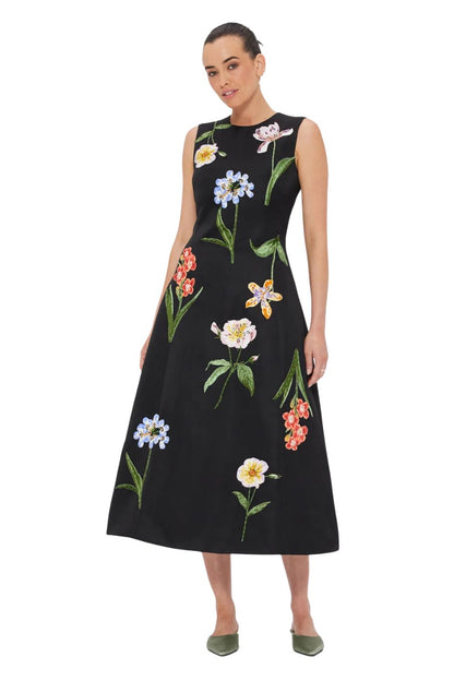Cleo Embroidered Sleeveless Midi Dress in Botanical Print in Ebony