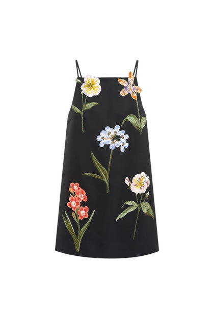 Leia Embroidered Mini Dress in Botanical Print in Ebony