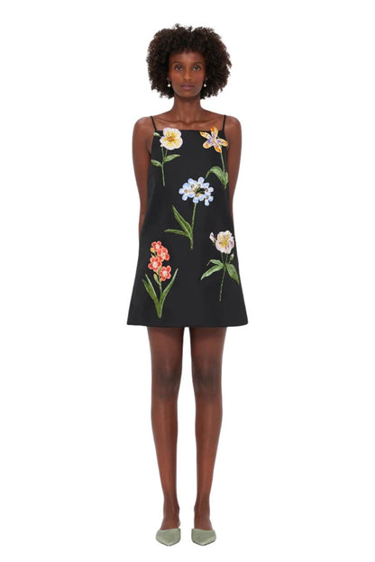 Leia Embroidered Mini Dress in Botanical Print in Ebony