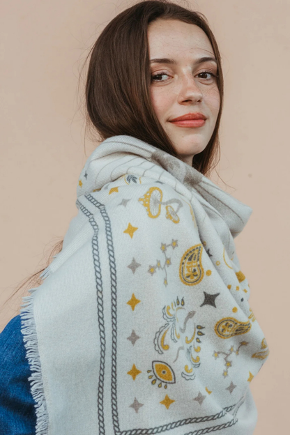 Cosmic Rodeo Cashmere Bandana Sweater Wrap in Mist/Maregold/Taupe
