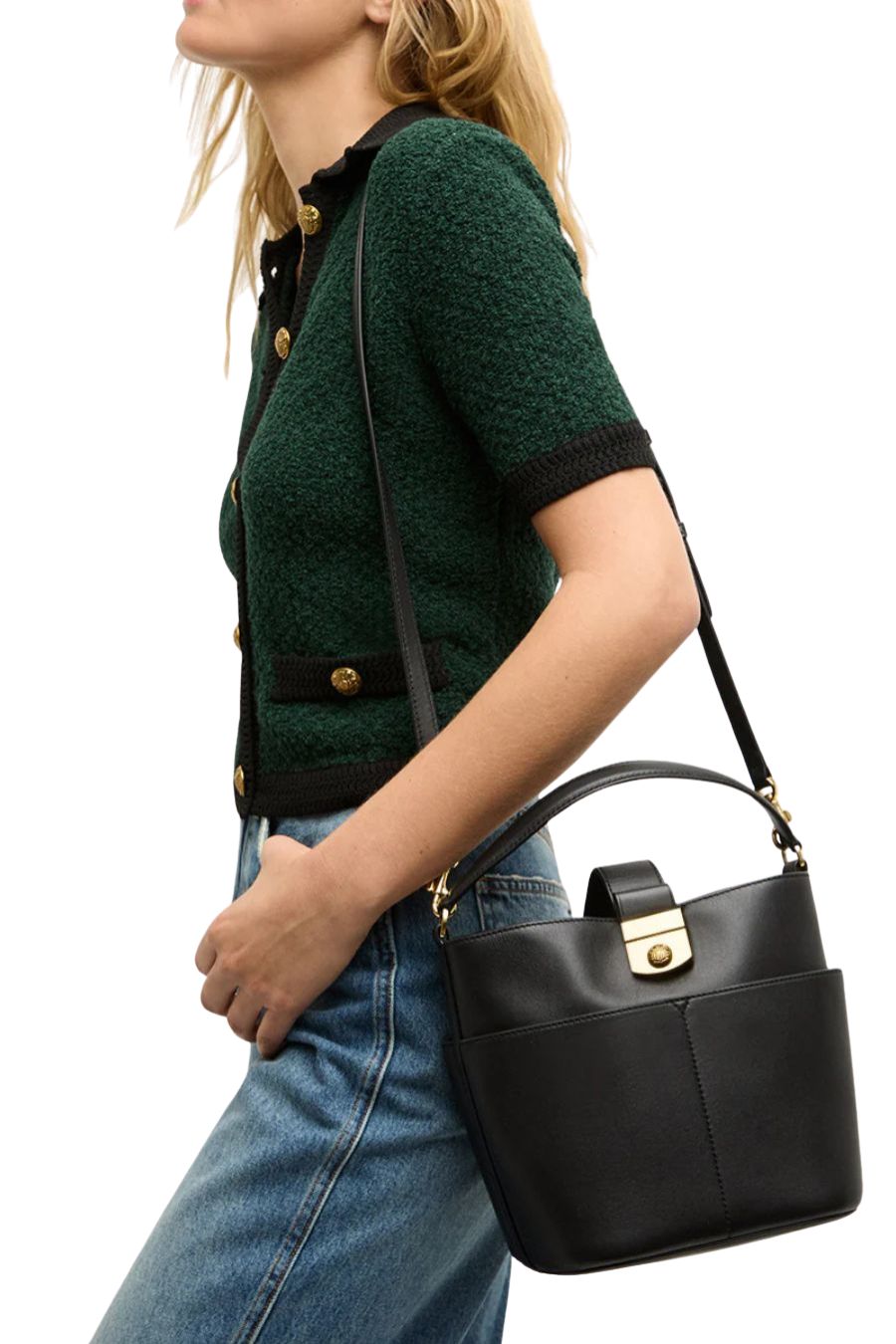 Small Crest Lock Bucket Bag in Black