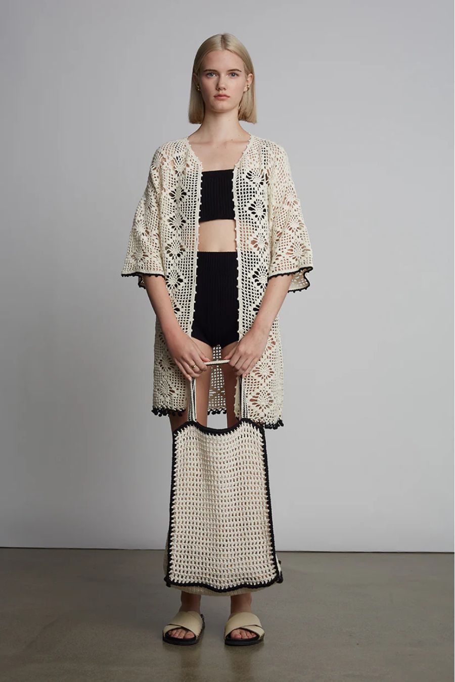 Vera Crochet Tote Bag in Ivory/Black