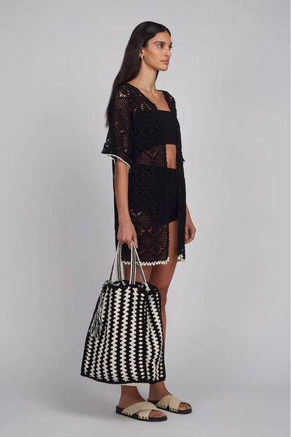 Vera Crochet Tote Bag in Ivory/Black Combo