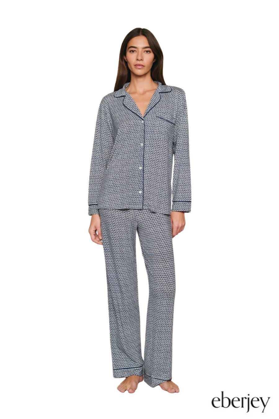 Gisele Printed Long PJ Set in Seashell Navy/Navy